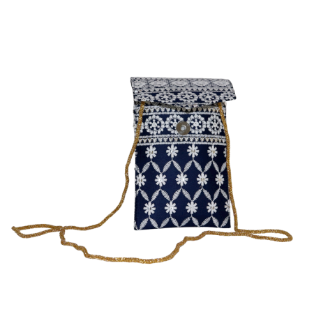 Navy Blue Floral Design Cotton Clutch Bag with Mirror Work and Gold Chain